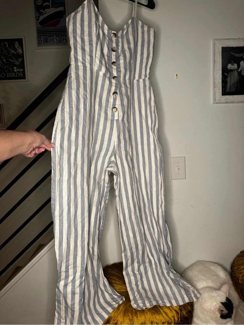 Reformation “Torta” Blue & White 100% Linen Jumpsuit